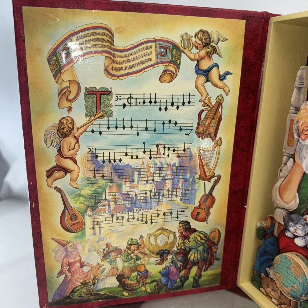 Vintage World Bazaar Wood Santa Christmas Wind Up Jingle Bells Music Book WORKS
